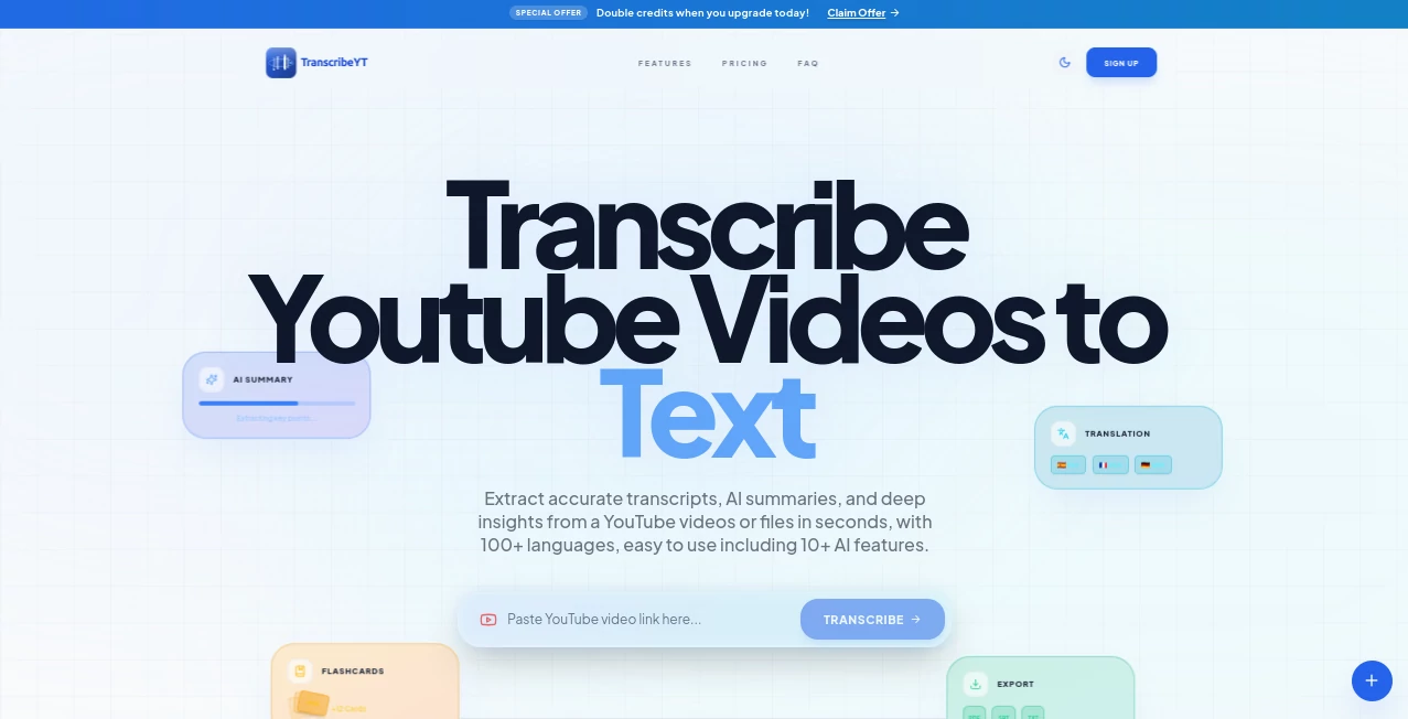 Screenshot of TranscribeYT – An AI tool in the ,AI Summarizer ,AI Transcription ,AI Speech to Text ,AI Education Assistant  category, showcasing its interface and key features.