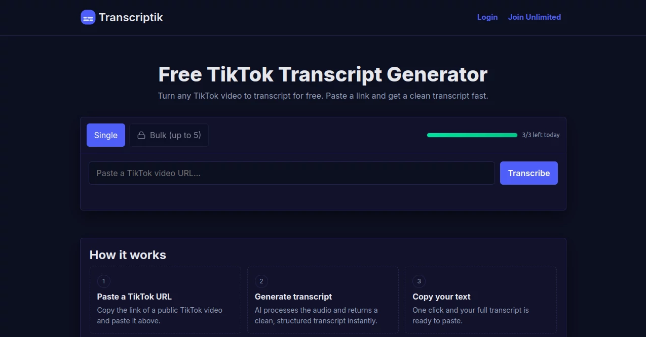 Screenshot of Transcriptik – An AI tool in the ,AI Content Generator ,AI Summarizer ,AI Tiktok Assistant ,AI Transcription  category, showcasing its interface and key features.