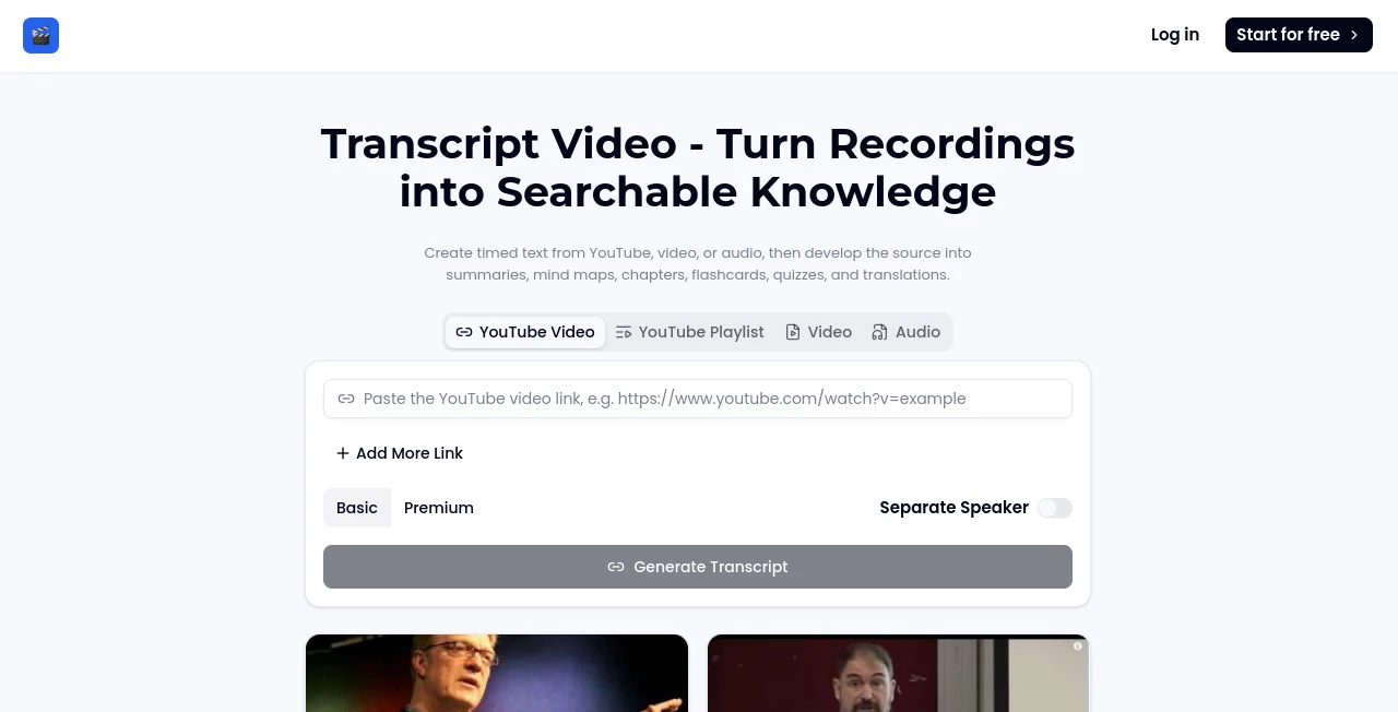 Screenshot of Transcript Video – An AI tool in the ,AI Transcriber ,AI Education Assistant ,AI Transcription ,AI Speech to Text  category, showcasing its interface and key features.