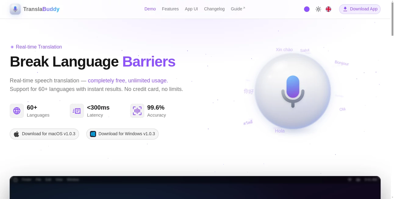 Screenshot of Transla Buddy – An AI tool in the ,AI Translate ,AI Speech to Text ,AI Speech Recognition ,AI Meeting Assistant  category, showcasing its interface and key features.
