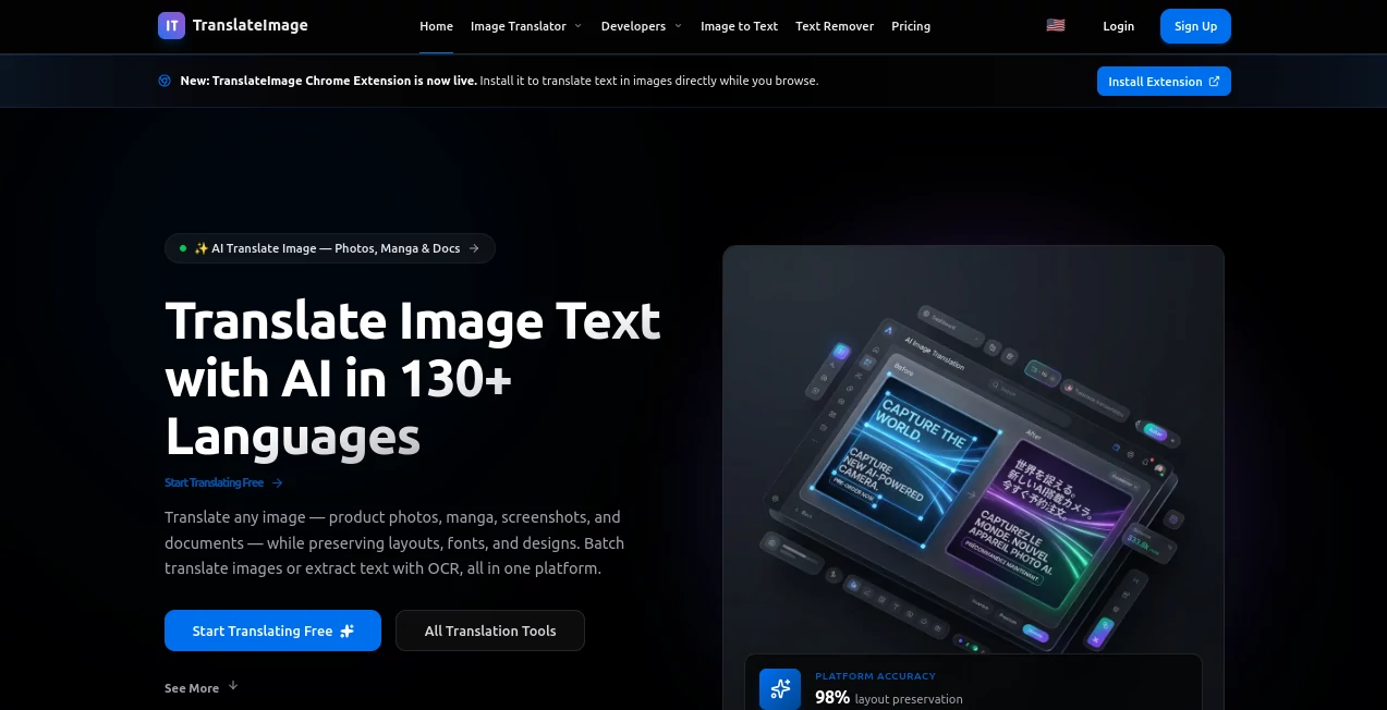Screenshot of TranslateImage – An AI tool in the ,AI Translate ,AI Content Generator ,Photo & Image Editor ,AI Image to Image  category, showcasing its interface and key features.