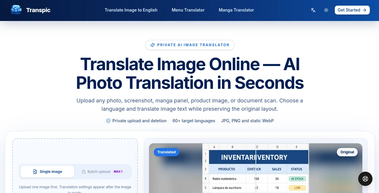 Screenshot of Transpic – An AI tool in the ,AI Document Extraction ,AI Translate ,Photo & Image Editor ,AI Image to Image  category, showcasing its interface and key features.