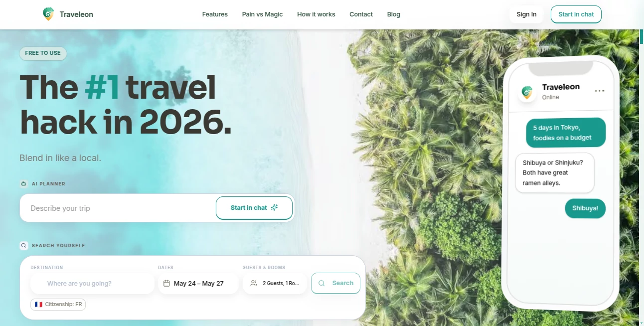 Screenshot of Traveleon – An AI tool in the ,AI Life Assistant ,AI Trip Planner  category, showcasing its interface and key features.