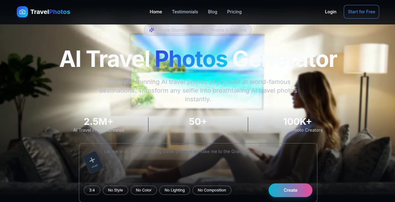 Screenshot of TravelPhotos – An AI tool in the ,AI Photo & Image Generator ,AI Selfie & Portrait ,AI Image to Image ,AI Social Media Assistant  category, showcasing its interface and key features.