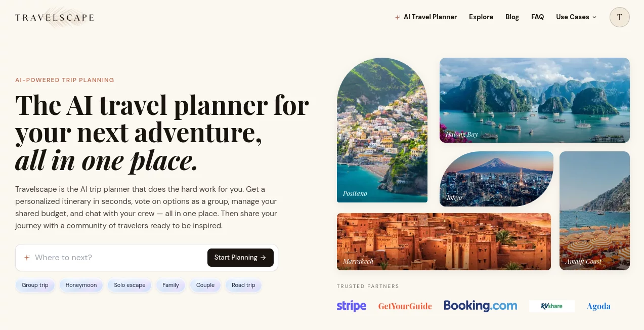 Screenshot of Travelscape – An AI tool in the ,AI Life Assistant ,AI Trip Planner  category, showcasing its interface and key features.