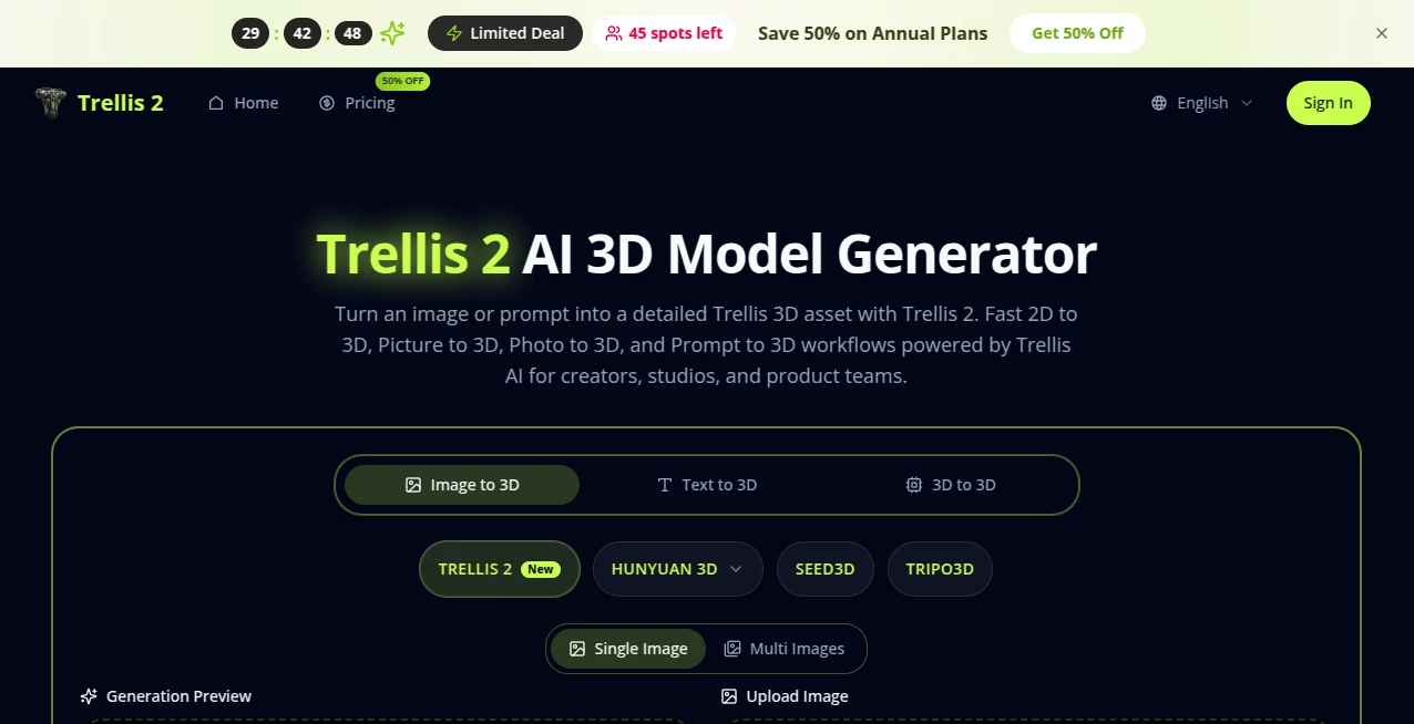 Screenshot of Trellis 2 – An AI tool in the ,AI 3D Model Generator ,Photo & Image Editor ,AI Image to 3D Model ,AI Design Generator  category, showcasing its interface and key features.