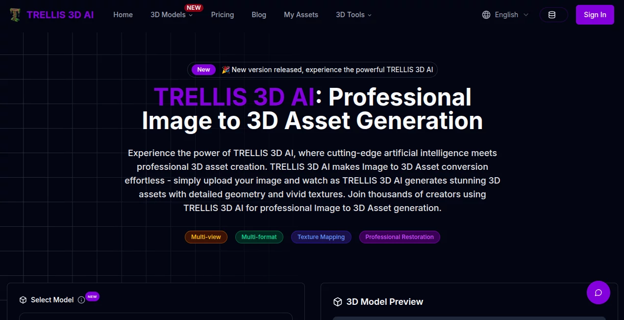 Screenshot of TRELLIS 3D AI – An AI tool in the ,AI 3D Model Generator ,Photo & Image Editor ,AI Image to 3D Model ,AI Design Generator  category, showcasing its interface and key features.