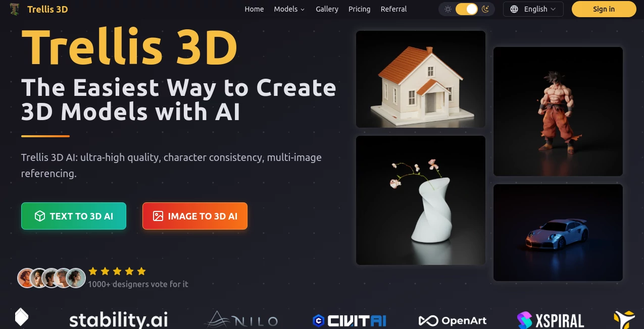 Screenshot of Trellis 3D – An AI tool in the ,AI Design Generator ,AI Graphic Design ,AI 3D Model Generator ,AI Image to 3D Model  category, showcasing its interface and key features.