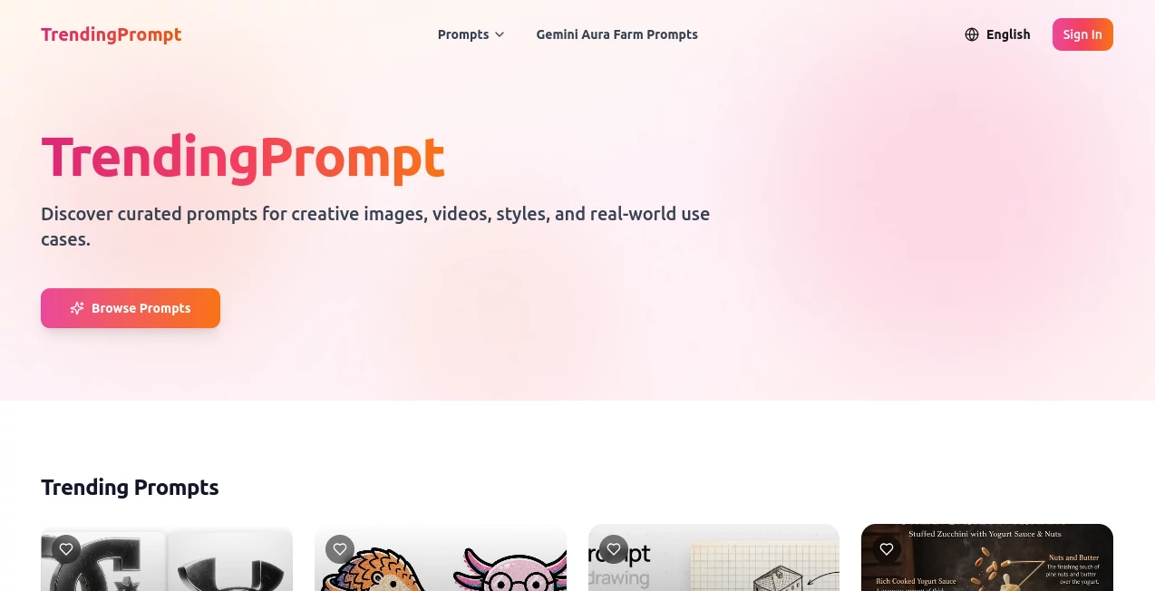 Screenshot of Trending AI Prompt – An AI tool in the ,Prompt ,AI Content Generator ,AI Art Generator ,AI Design Generator  category, showcasing its interface and key features.