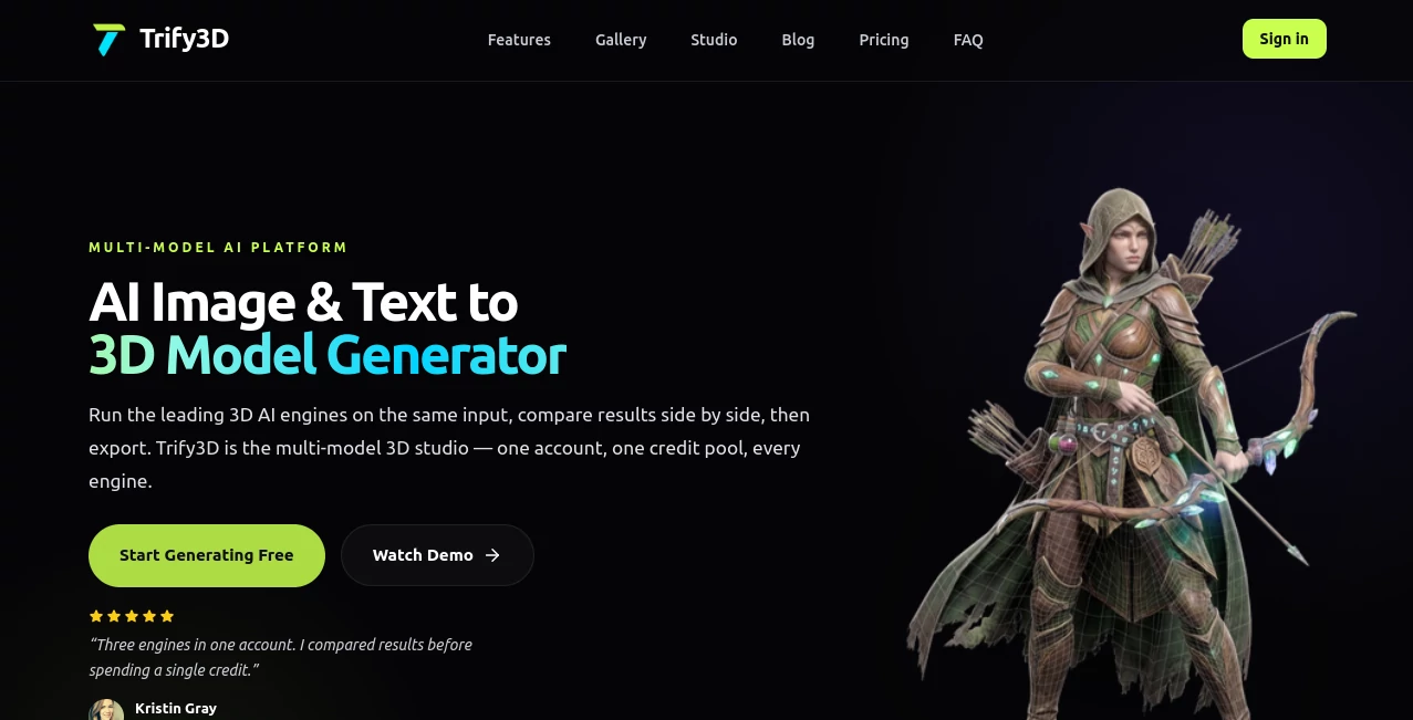 Screenshot of Trify3D – An AI tool in the ,AI 3D Model Generator ,AI Text to 3D ,AI Image to 3D Model ,Design & Art  category, showcasing its interface and key features.