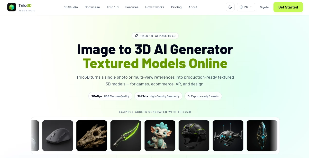 Screenshot of Trilo 3D – An AI tool in the ,AI 3D Model Generator ,AI Text to 3D ,AI Image to 3D Model ,3D  category, showcasing its interface and key features.