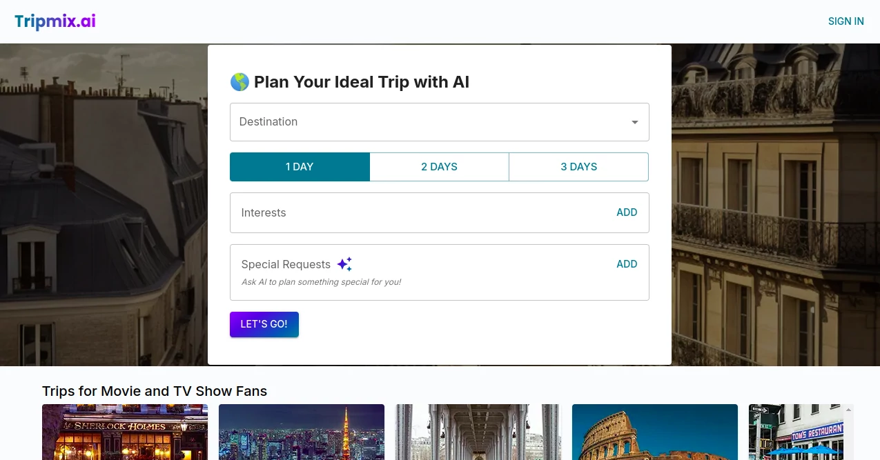 Screenshot of Tripmix AI – An AI tool in the ,AI Life Assistant ,AI Fun Tools ,Other ,AI Trip Planner  category, showcasing its interface and key features.