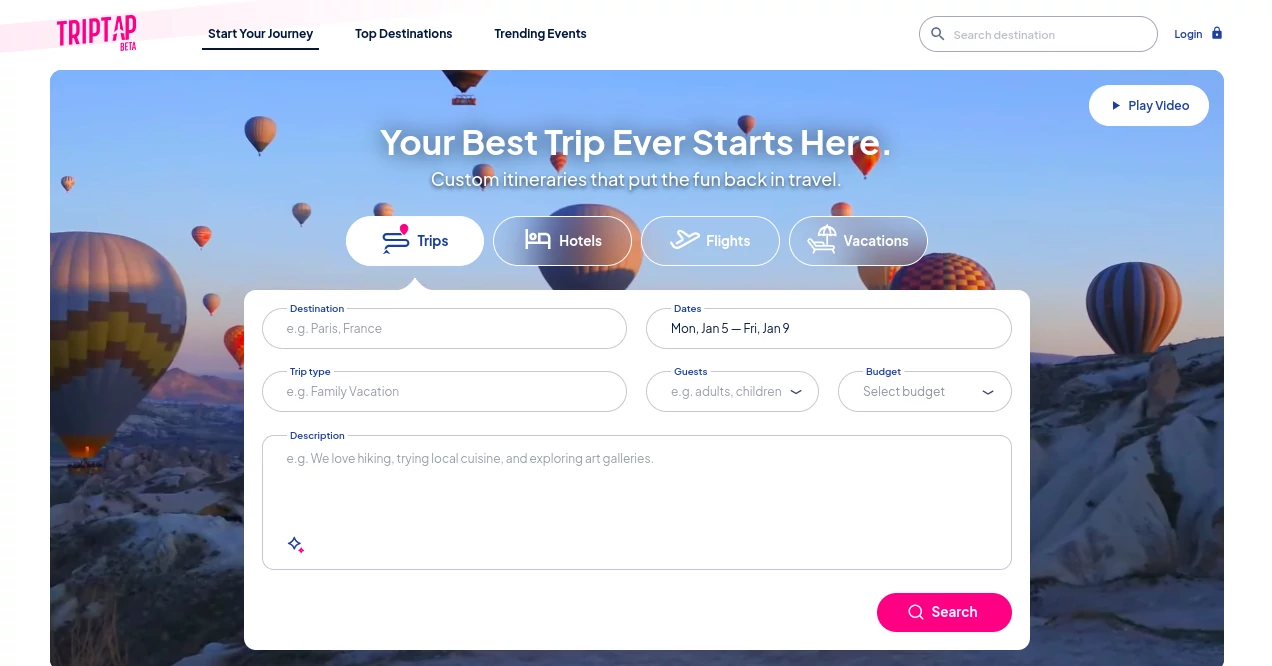 Screenshot of TripTap – An AI tool in the ,AI Life Assistant ,AI Trip Planner  category, showcasing its interface and key features.