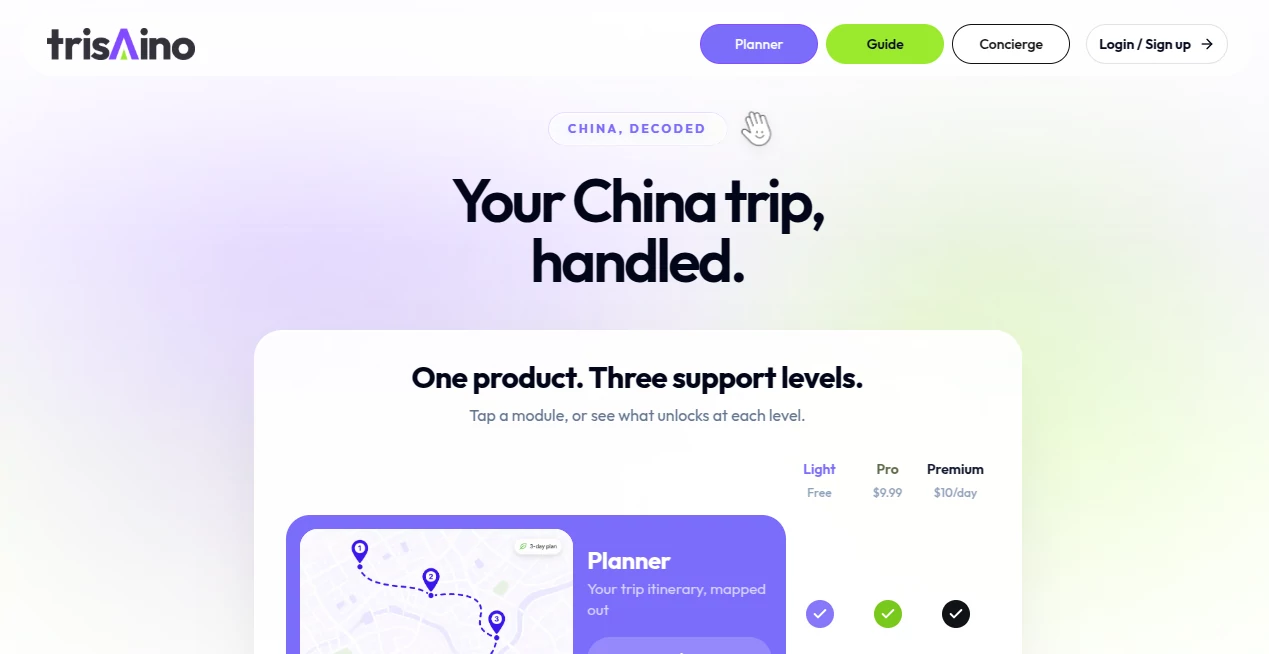 Screenshot of trisAino – An AI tool in the ,AI Life Assistant ,AI Chatbot ,AI Trip Planner  category, showcasing its interface and key features.