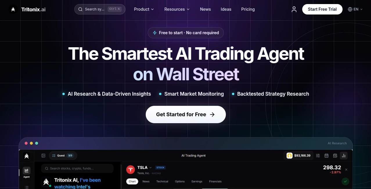 Screenshot of Tritonix – An AI tool in the ,AI Investing Assistant ,AI Research Tool ,AI Analytics Assistant ,AI Trading Bot Assistant  category, showcasing its interface and key features.