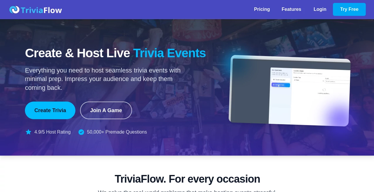 Screenshot of TriviaFlow – An AI tool in the ,AI Game ,AI Fun Tools ,AI Quizzes ,AI Education Assistant  category, showcasing its interface and key features.