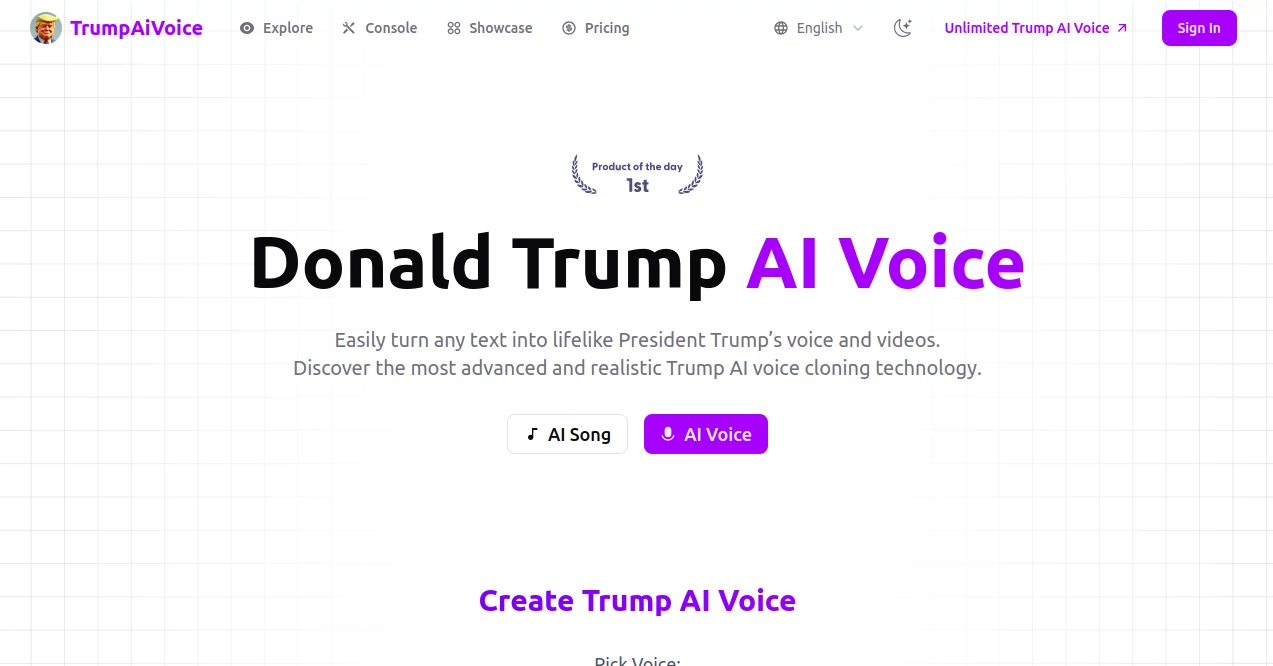 Screenshot of Trump AI Voice – An AI tool in the ,AI Voice Chat Generator ,AI Celebrity Voice Generator ,AI Text to Speech  category, showcasing its interface and key features.
