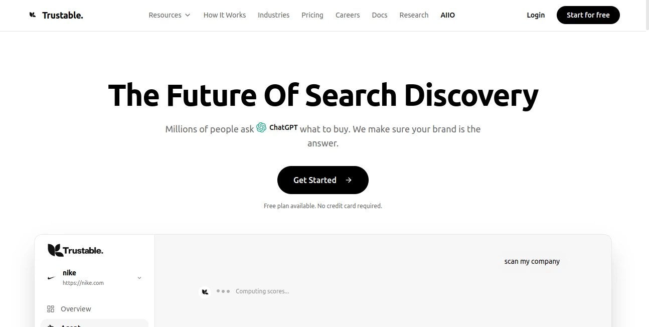 Screenshot of Trustable – An AI tool in the ,AI Research Tool ,AI Analytics Assistant ,AI SEO Assistant ,AI Marketing Plan Generator  category, showcasing its interface and key features.