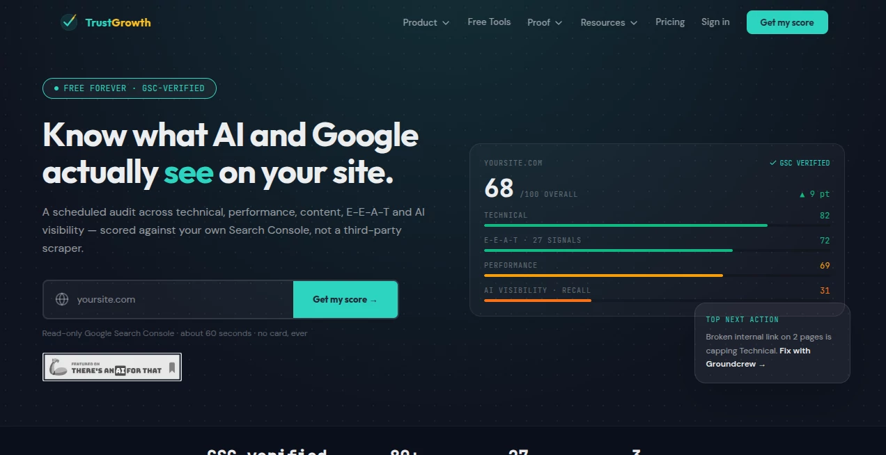 Screenshot of TrustGrowth – An AI tool in the ,AI SEO Assistant ,AI Content Generator ,AI Research Tool ,AI Analytics Assistant  category, showcasing its interface and key features.