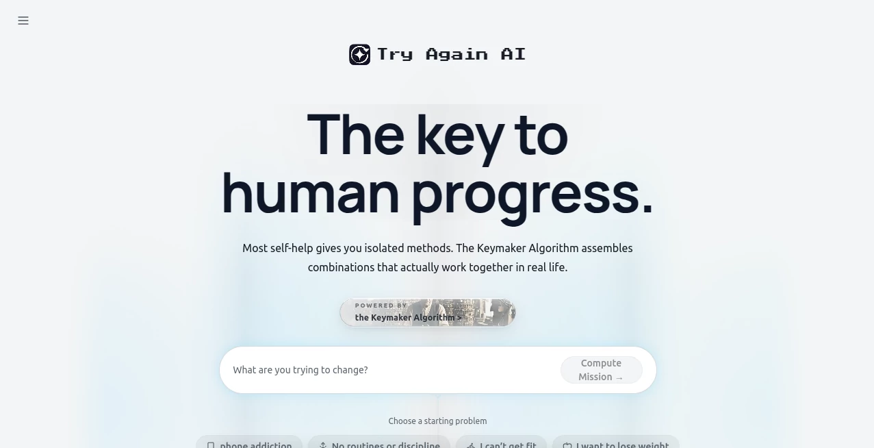 Screenshot of Try Again AI – An AI tool in the ,AI Life Assistant ,AI Coaching ,AI Productivity Tools ,AI Workflow Management  category, showcasing its interface and key features.
