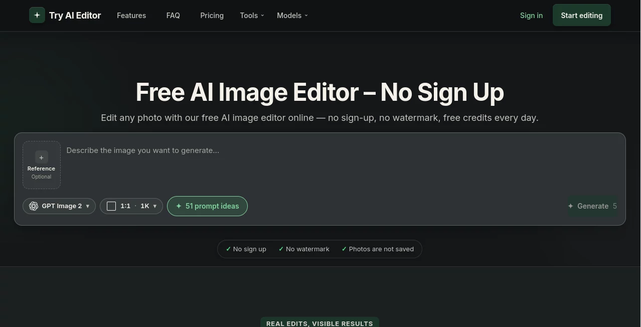 Screenshot of Try AI Editor – An AI tool in the ,AI Background Remover ,Photo & Image Editor ,AI Photo Restoration ,AI Image to Image  category, showcasing its interface and key features.