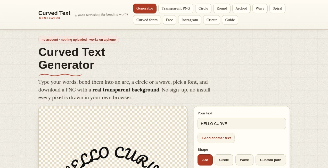 Screenshot of TryCurvedText – An AI tool in the ,AI Logo Generator ,AI Fun Tools ,AI Design Generator ,AI Graphic Design  category, showcasing its interface and key features.
