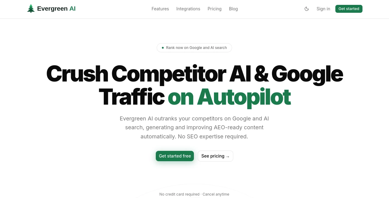 Screenshot of Evergreen AI – An AI tool in the ,AI Blog Writer ,AI Content Generator ,AI SEO Assistant ,AI General Writing  category, showcasing its interface and key features.