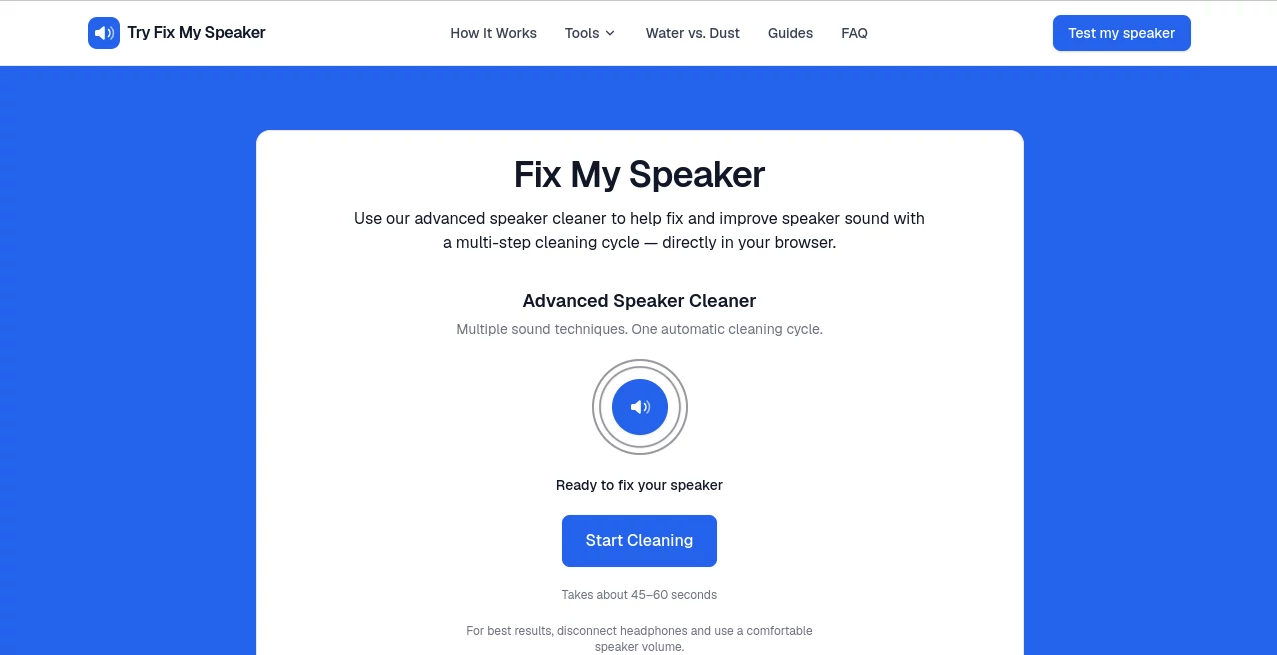 Screenshot of Fix My Speaker – An AI tool in the ,Productivity  category, showcasing its interface and key features.
