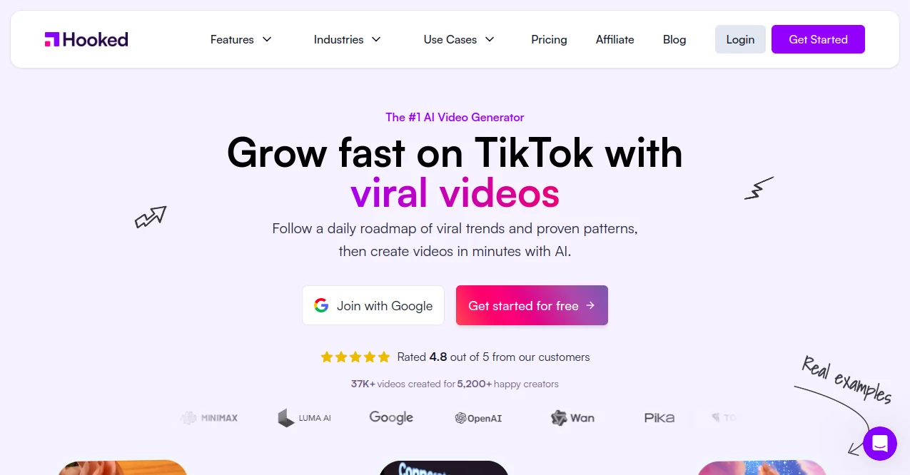 Screenshot of Hooked AI – An AI tool in the ,AI Video Generator ,AI Tiktok Assistant ,AI UGC Video Generator ,AI Short Clips Generator  category, showcasing its interface and key features.