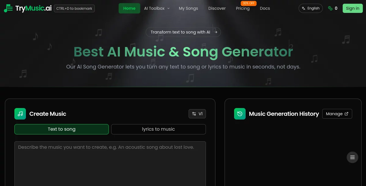 Screenshot of TryMusic AI – An AI tool in the ,AI Content Generator ,AI Music Generator  category, showcasing its interface and key features.