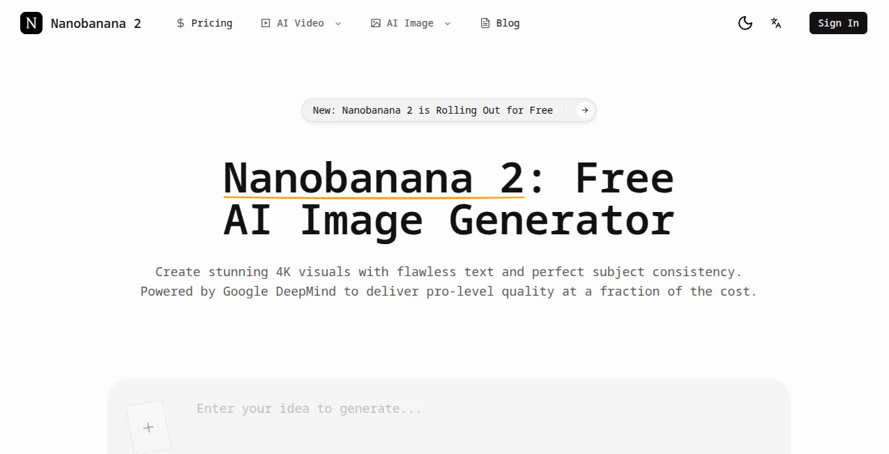 Screenshot of Nanobanana 2 – An AI tool in the ,AI Content Generator ,AI Photo Enhancer ,AI Image to Image  category, showcasing its interface and key features.