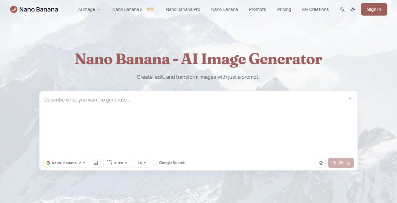 Screenshot of Nano Banana AI – An AI tool in the ,AI Photo & Image Generator ,AI Image to Image ,AI Art Generator ,AI Design Generator  category, showcasing its interface and key features.