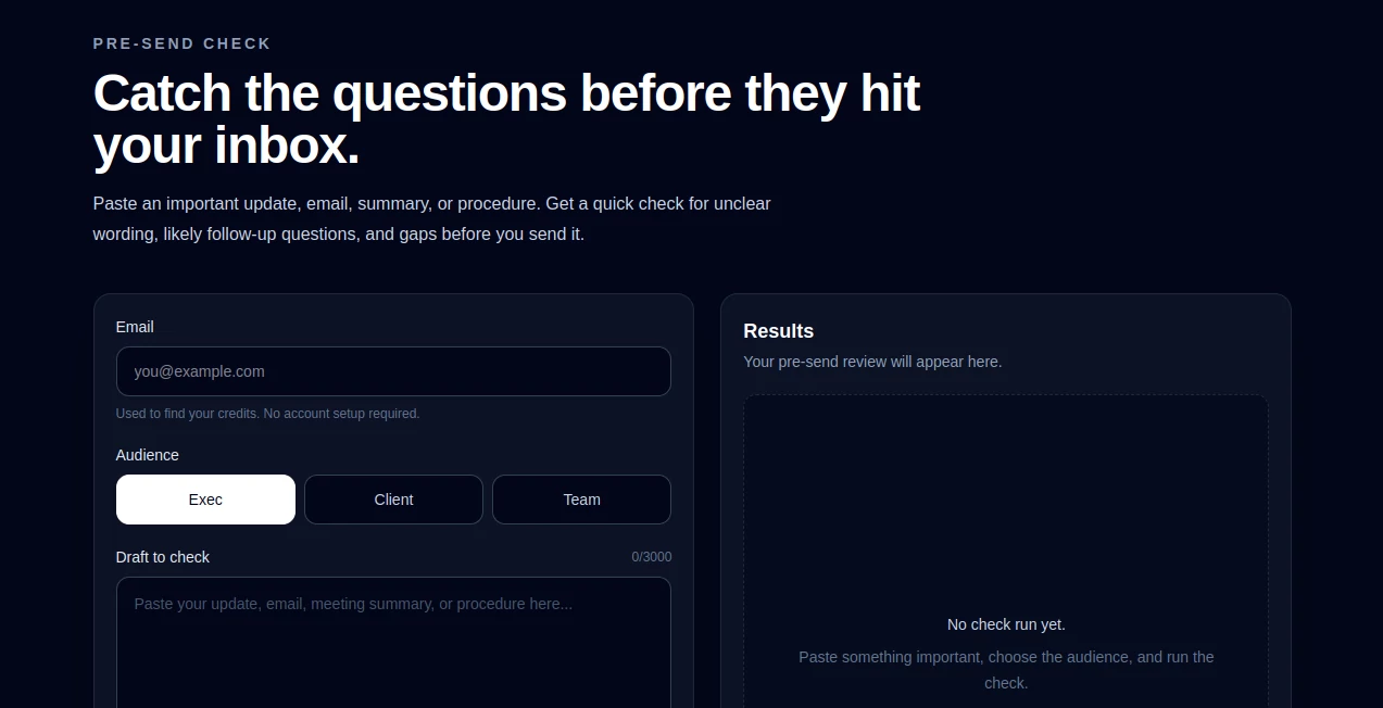 Screenshot of Pre-Send Check – An AI tool in the ,AI Marketing Plan Generator ,AI Email Assistant ,AI Email Marketing ,AI Productivity Tools  category, showcasing its interface and key features.