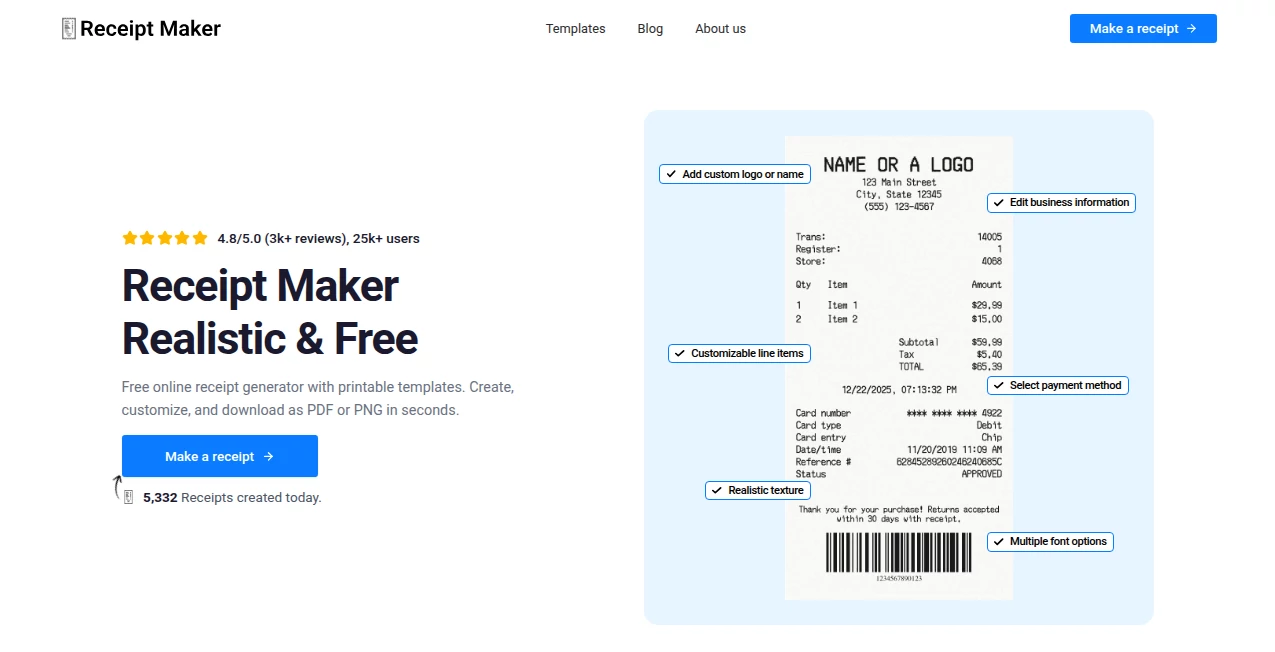 Screenshot of Receipt Maker – An AI tool in the ,AI Design Generator ,AI Fun Tools  category, showcasing its interface and key features.