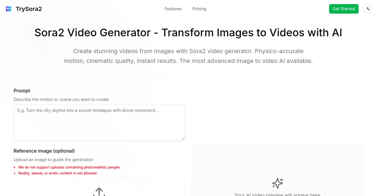 Screenshot of TrySora2 – An AI tool in the ,AI Animated Video ,AI Image to Video ,AI Video Generator ,AI Short Clips Generator  category, showcasing its interface and key features.
