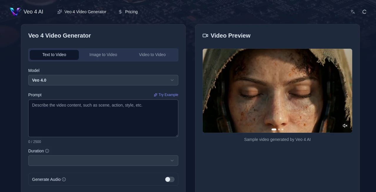 Screenshot of Veo 4 AI – An AI tool in the ,AI Animated Video ,AI Image to Video ,AI Video Generator ,AI Text to Video  category, showcasing its interface and key features.