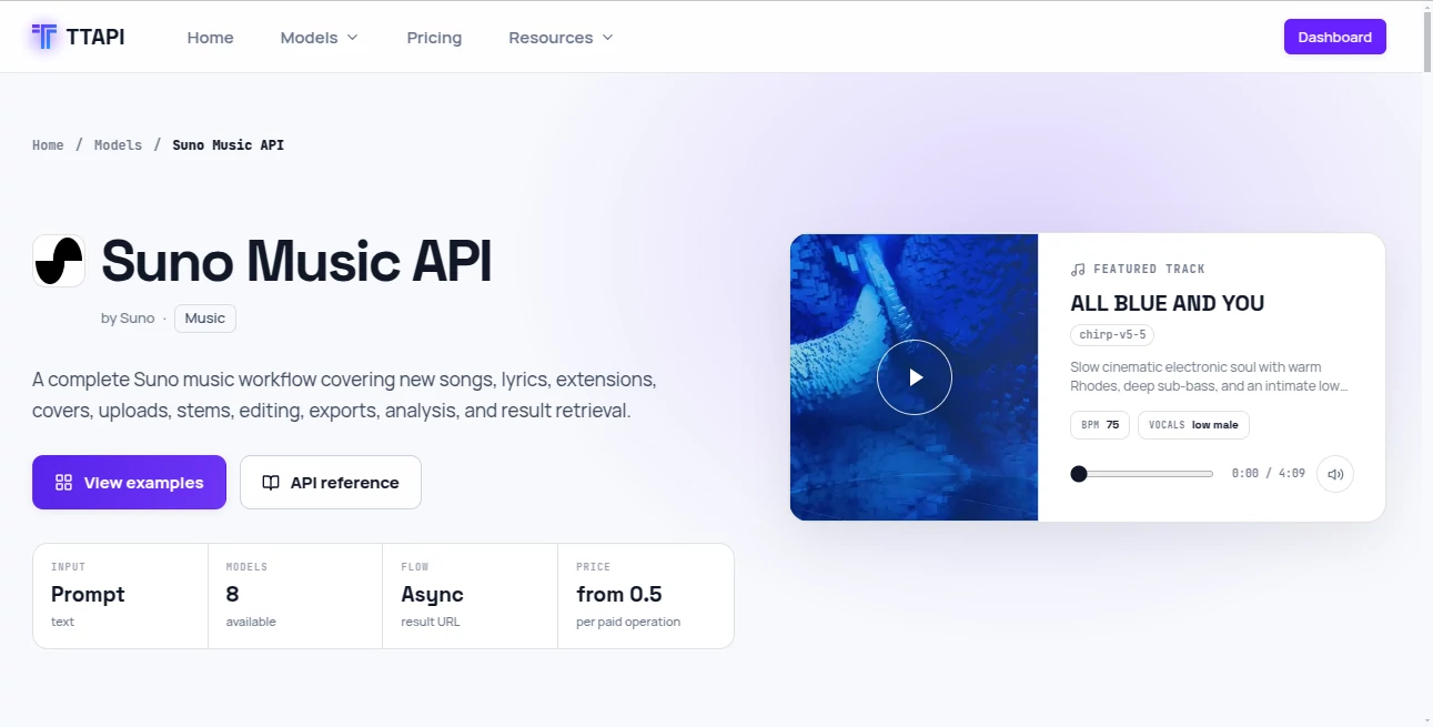 Screenshot of Suno Music API | TTAPI – An AI tool in the ,AI Text to Music ,AI Music Generator ,AI Voice & Audio Editing  category, showcasing its interface and key features.