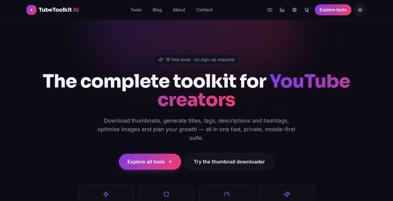Screenshot of Tubetoolkitai – An AI tool in the ,AI Content Generator ,AI YouTube Assistant ,AI Analytics Assistant ,AI SEO Assistant  category, showcasing its interface and key features.