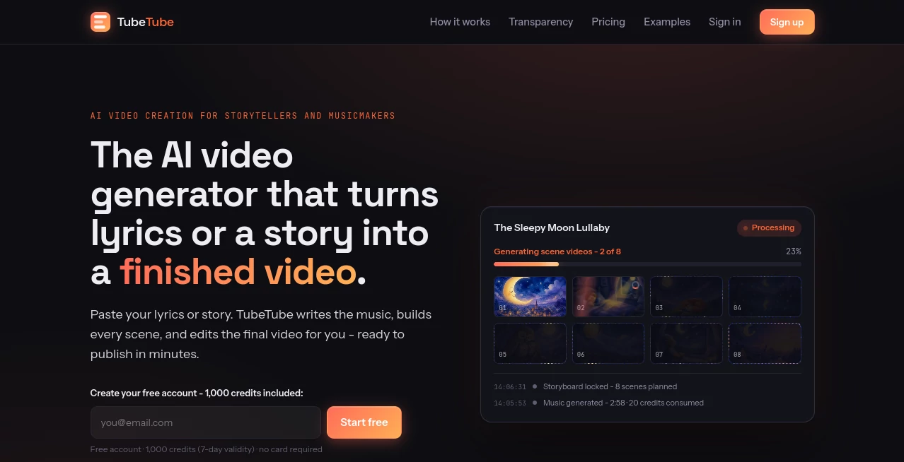 Screenshot of TubeTube – An AI tool in the ,AI Animated Video ,AI Music Video Generator ,AI Video Generator ,AI Text to Video  category, showcasing its interface and key features.