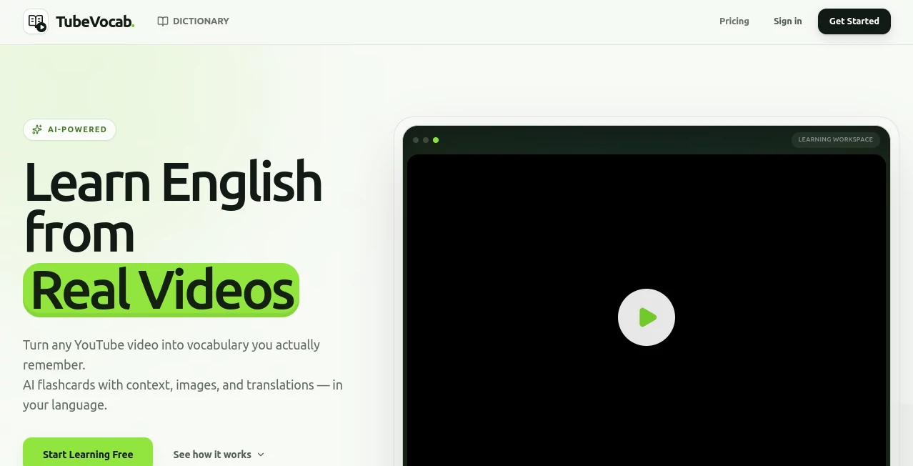Screenshot of TubeVocab – An AI tool in the ,AI Transcription ,AI Tutorial ,AI Knowledge Management ,AI Education Assistant  category, showcasing its interface and key features.