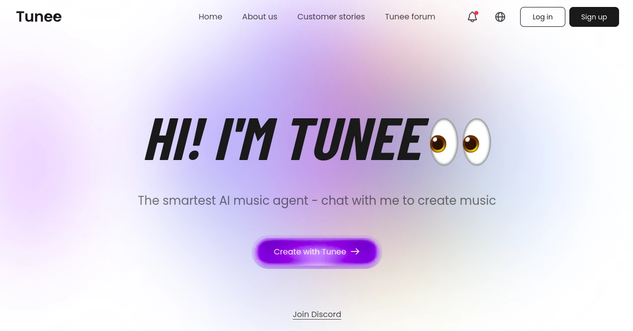 Screenshot of TUNEE – An AI tool in the ,AI Text to Music ,AI Singing Generator ,AI Audio Enhancer ,AI Music Generator  category, showcasing its interface and key features.