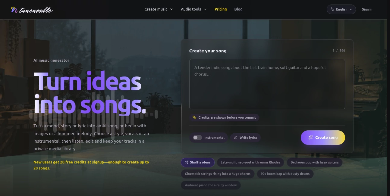 Screenshot of Tunenoodle – An AI tool in the ,Voice  category, showcasing its interface and key features.