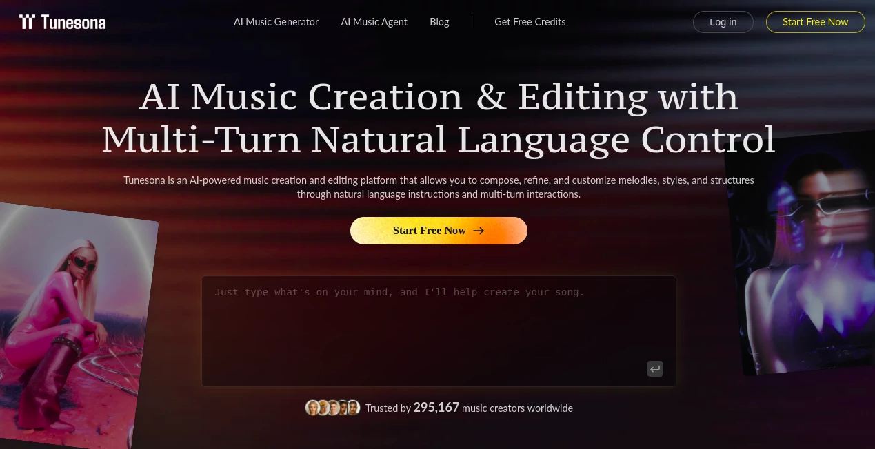 Screenshot of Tunesona – An AI tool in the ,AI Lyrics Generator ,AI Creative Writing ,AI Music Generator ,AI Text to Music  category, showcasing its interface and key features.