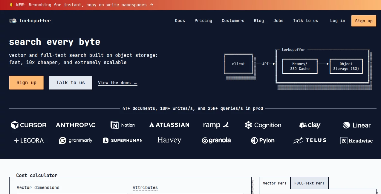 Screenshot of Turbopuffer – An AI tool in the ,AI Data Mining ,AI Developer Tools ,AI Search Engine ,Code & IT  category, showcasing its interface and key features.