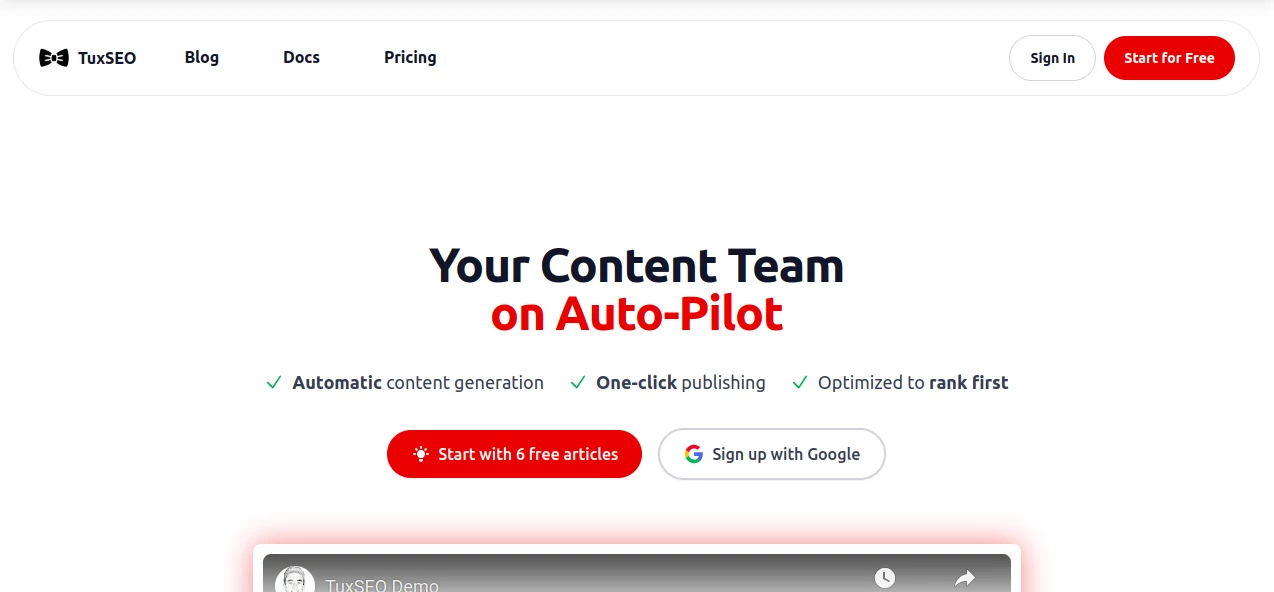 Screenshot of TuxSEO – An AI tool in the ,AI SEO Assistant ,AI Content Generator ,AI Blog Writer ,AI Marketing Plan Generator  category, showcasing its interface and key features.