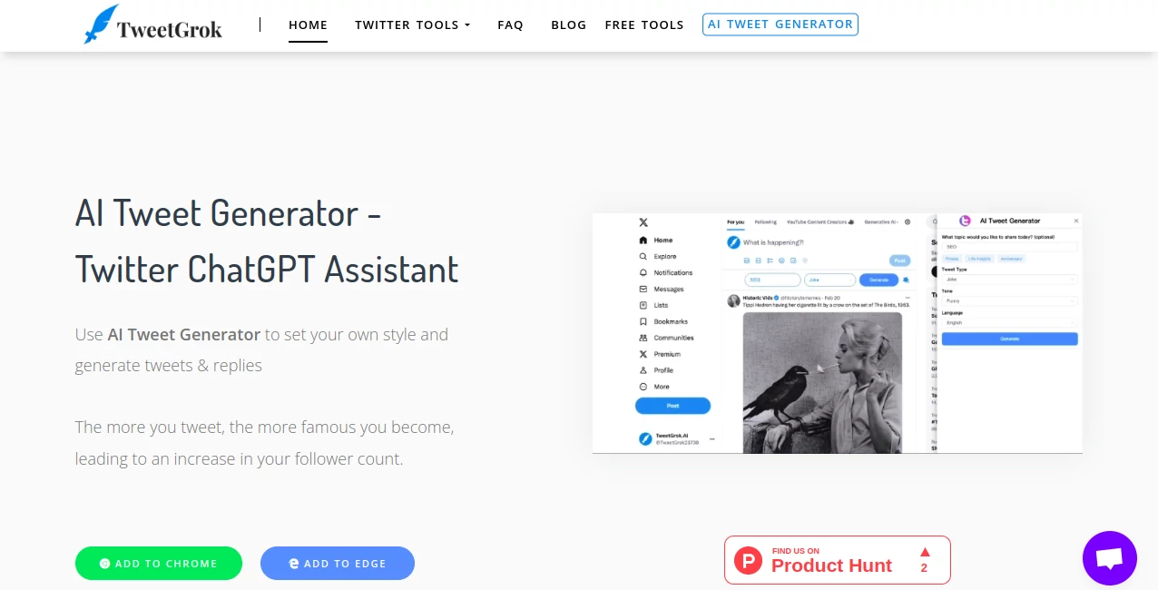 Screenshot of TweetGrok AI – An AI tool in the ,AI Reply Assistant ,AI Content Generator ,AI Social Media Assistant ,AI Hashtag Assistant  category, showcasing its interface and key features.