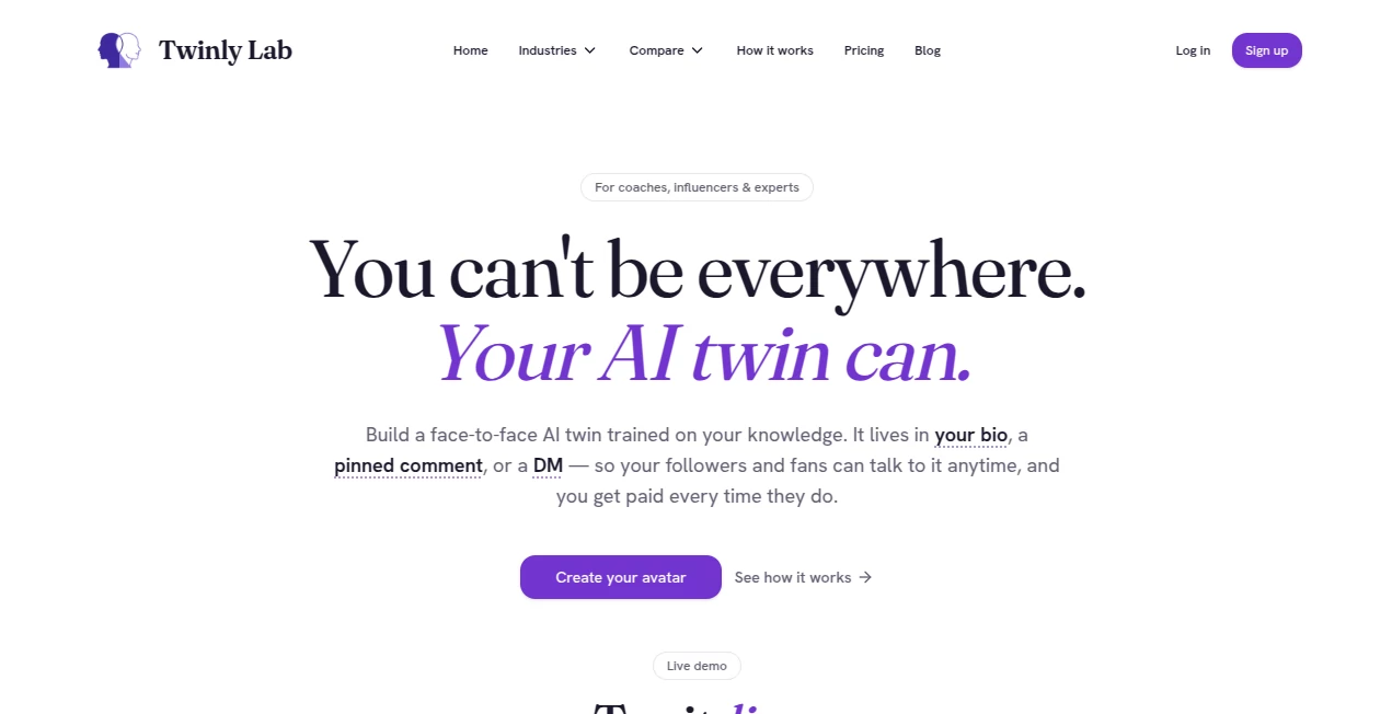 Screenshot of Twinly Lab – An AI tool in the ,AI Character ,AI Video Generator ,AI Coaching ,AI Voice Assistants  category, showcasing its interface and key features.