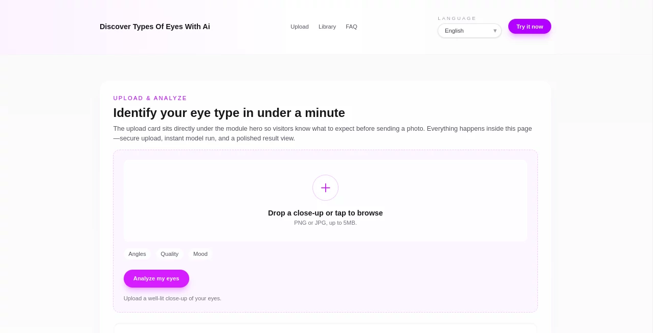 Screenshot of Types of Eyes – An AI tool in the ,Photo & Image Editor ,AI Selfie & Portrait ,AI Image Recognition ,AI Face Swap Generator  category, showcasing its interface and key features.
