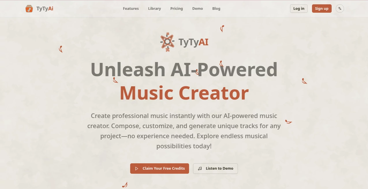 Screenshot of TyTyAi – An AI tool in the ,AI Text to Music ,AI Lyrics Generator ,AI Audio Enhancer ,AI Music Generator  category, showcasing its interface and key features.