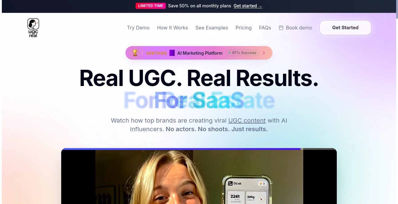 Screenshot of UGCReal – An AI tool in the ,AI Ad Generator ,AI Marketing Plan Generator ,AI Video Generator ,AI UGC Video Generator  category, showcasing its interface and key features.